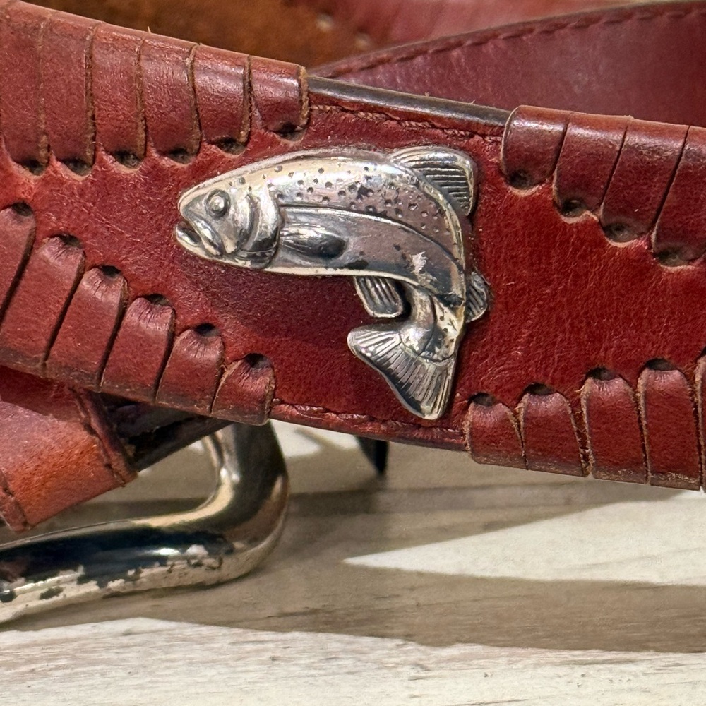 Brighton Fly Fishing Theme Woven Brown Leather Silver Belt 94207 Men's Size 36 - Picture 9 of 13